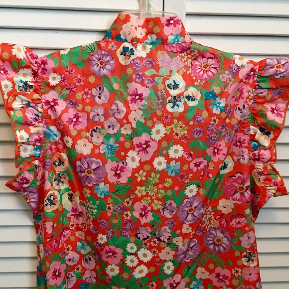 🌸NWOT Orange Floral Silk Bow Tie Ruffle Top (M)🌸 - Picture 9 of 14
